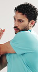 Man, stretching arms and warm up in studio for fitness routine with athlete on white background. Person, ready and prepare with muscle flexibility, training or start workout for thinking or wellness