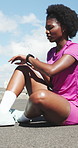 Athlete, black woman and tie shoes with smart watch for getting ready, fitness and exercise on road. Person, lace and footwear for sports training, runner safety and tech for endurance challenge