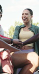 Fitness team, stack hands and celebration for marathon victory, goal and accomplishment. Sports, happy group and applause for success, motivation and high five with people for achievement outdoor