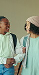 Friends, school kids or link arm in hallway for education support, development or walk to class. Knowledge, connection or happy girls together for bonding, learning environment or portrait at academy