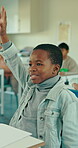Learning, arms raised and lesson with boy in classroom for education, knowledge and growth. Answer, student development and study with group of children in school for academy, future and scholarship