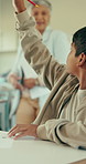 Teacher, boy and student with raised hands in class for education, attention and permission. Educator, child and asking help with quiz guidance, interactive lesson and gesture for academic assistance