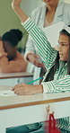 Teacher, girl and student with raised hands in class for education, attention and permission. Educator, child and asking help for quiz guidance, interactive lesson and gesture for academic assistance