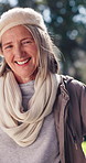 Happy, outdoor and face of senior woman with laughing for comic, comedy or joke at home backyard. Smile, confident and portrait of elderly female person with pride for retirement in garden in London.