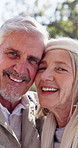 Senior couple, selfie and face with hug in nature for bonding, retirement or love in outdoor park. Mature man, elderly woman and portrait in forest for vacation, holiday or journey with support