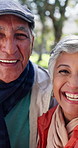 Elderly couple, selfie and face with hug in nature for bonding, retirement or love in outdoor park. Mature man, senior woman and portrait in forest for vacation, holiday or journey with support