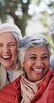 Happy, friends and old people in nature, selfie and celebration of moment for social media or online. Outdoor, photography and excited for reunion, senior women and profile picture with elderly man