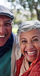 Elderly couple, selfie and face with laugh in nature for bonding, retirement or love in outdoor park. Mature man, senior woman and portrait in forest for vacation, holiday or journey with support