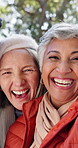 Senior faces, happy people and retirement with selfie in nature for picture or photography together. Portrait, elderly group or friends with smile for old vacation or capture moment in outdoor park