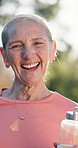 Senior, happy woman and face with water for fitness, health or outdoor wellness in nature. Portrait, elderly or active female person with smile for pilates, physical activity or exercise in park