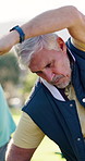 Pilates, fitness and senior man in nature for wellness, health or workout with group. Yoga class, retirement and elderly male person with stretching exercise outdoor in park in morning for movement.