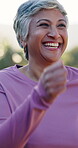Laughing, old woman and training in nature, fitness or getting ready for exercise routine and active. Outdoor, elderly people and preparing for workout, retirement and smile for warm up and wellness