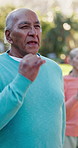 Training, elderly man and group in nature, fitness or getting ready for exercise routine and outdoor. Healthy, senior people and preparing for workout, bokeh and active for warm up and retirement