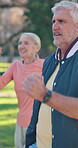 Healthy, old couple and training in nature, fitness or getting ready for exercise routine and active. Outdoor, elderly people and preparing for workout, retirement and smile for warm up and wellness
