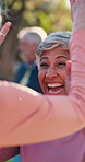 High five, fitness and old women in park, excited and workout goal with support. Outdoor, pensioner and friends with happiness, wellness and thank you with exercise, hands together and retirement