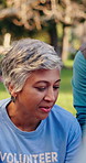 Mature woman, volunteer and team talk at park for donation distribution, help or support for accountability. Person, ngo leader and group with discussion, giving or event management for charity drive