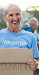 Senior woman, volunteer and face at park with box for donation, gift and happy with social responsibility. Person, excited and help with call to action, accountability or portrait at charity event