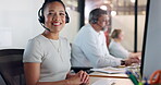 Face, woman and headset with smile at call centre for career pride, about us and customer support. Portrait, person and coworking with computer, contact centre and online assistance of telecom advice