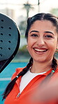 Padel, smile and selfie with woman on court for competition, social media picture and tournament training. Photography, tennis player and challenge with pov of person on turf for fitness and workout