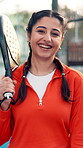 Padel, smile and face of woman on court for competition, sports athlete and tournament training. Games, tennis player and challenge with portrait of person on outdoor turf for fitness and workout