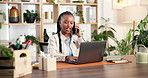 Phone call, communication and black woman in office with laptop for eco friendly business feedback. Cellphone, contact and African conservation worker on mobile discussion for update with client.