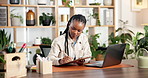 Laptop, black woman and clipboard with research in office for inventory, botany and sustainable business. Eco friendly startup, retail management and checklist with person for bookkeeping or stock