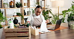 Laptop, black woman and clipboard with checklist in office for inventory, botany and sustainable business. Eco friendly startup, retail management and research with person for bookkeeping or stock