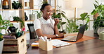 Black woman, speaker phone or laptop in office for sustainable business, eco friendly idea or plan. Person, talk or recording voice note with tech for environmental compliance, ESG admin or feedback.