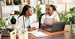 Laptop, black women and discussion with meeting in office for inventory, botany and sustainable business. Eco friendly startup, retail management and checklist with person for bookkeeping or stock
