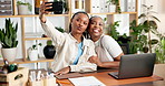 Happy women, florist and selfie with laptop in nursery for photography, picture or memory in office. Female people, employees or friends with smile, plants or computer for capture moment in workplace