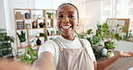 Face, black woman and florist live streaming for startup, advertising plants and in store broadcast. Person, talk and vlogging for sustainable business, promote flowers and content creator for botany