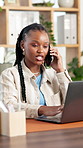 Phone call, smile and laptop with black woman in office for feedback, editing or publishing of article. Conversation, decision and review with creative agency employee for discussion or communication