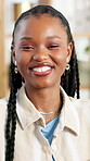 Happy, creative and black woman with face in office for career pride, about us and publication agency. Portrait, female journalist and ambition for news reporting, job development and copywriting
