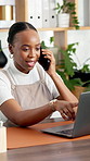 Plant shop, phone call and woman with laptop, entrepreneur and talk with contact for stock delivery. Startup, florist and black person with mobile for discussion, ecommerce and planning for order