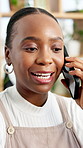 Happy, florist and woman in startup, phone call and communication with contact for delivery schedule. Entrepreneur, talking and black person with mobile for sustainable business or planning for order