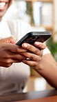 Typing, volunteer and black woman with smartphone, hands or sign up for eco friendly charity. African person, cellphone or activist with email, social responsibility or schedule for climate change