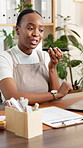 Talking, florist and woman in startup, voice note and communication with contact for stock delivery. Recording, message and black person with mobile for sustainable business, loudspeaker and online