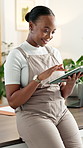 Happy, volunteer and black woman with tablet, connection and sign up for recycling donation. Tech, register and African person with online reading, website info or schedule for climate change project