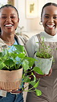 Happy women, face and florist laughing with plant for small business startup or eco friendly workplace. Portrait, female people or colleagues with pot of green leaves for sprout or natural growth