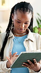 Tablet, smile and scroll with black woman in office for feedback, editing or publishing of article. Management, website and review with creative agency employee for discussion or communication