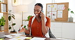 Phone call, talking and consulting with business black woman for editor feedback, project review and chat. Online campaign advice, contact and proposal with person in media agency for discussion