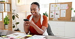 Laughing, woman and texting with smartphone in office, online or communication with contact on break. Typing, message and black person with mobile for chat, happy and connection on social media