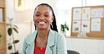 Face, business and black woman with smile in office for career pride, about us and publication agency. Portrait, female journalist and happiness for news reporting, job development and copywriting

