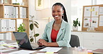 Face, entrepreneur and woman with laptop in office, laughing and research for brand awareness on web. Happy, marketing manager and black person with tech for ad campaign, online and pride in Nigeria