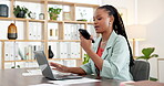Phone call, laptop and consulting with business black woman for editor feedback, project review and chat. Online campaign advice, contact and proposal with person in media agency for discussion