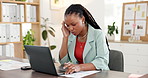 Frustrated, black woman and headache with laptop for stress, deadline or overworked in office. Tired, female person or employee with migraine or eye strain on computer for pressure in workplace