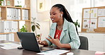 Media agency, video call and black woman with laptop, speaking and online conference for article. African person, magazine editor or journalist in workplace, pc and webinar for creative project