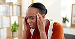 Media agency, headache and black woman in office, stress or pressure with deadline for article. African person, copywriting or journalist with migraine, fatigue or tension with pain, burnout or tired