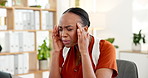 Media agency, headache and black woman in office, pain and pressure with deadline for article. African person, copywriting and journalist with migraine, fatigue and tension with burnout and tired