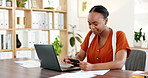 Black woman, laptop and online shopping with credit card in office for payment, banking or app. Female person, employee or shopper with debit on computer for virtual purchase or order in workplace